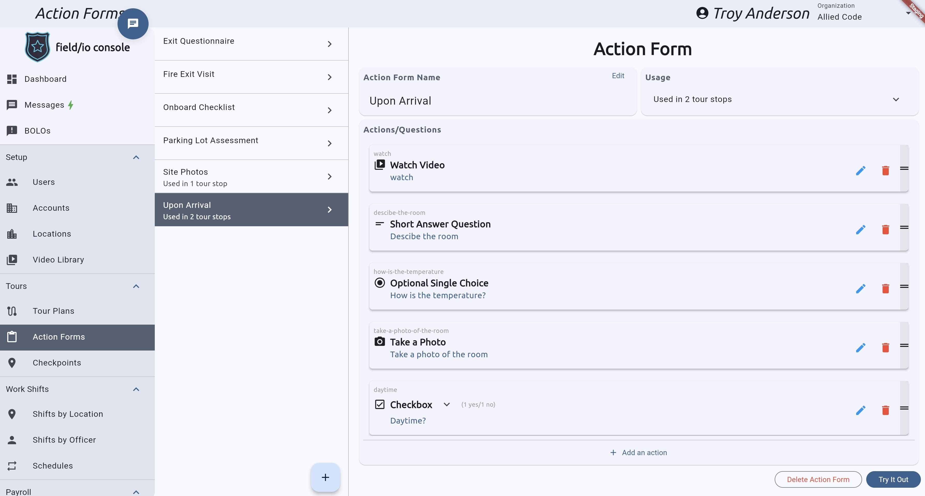 Action Forms for tour stops